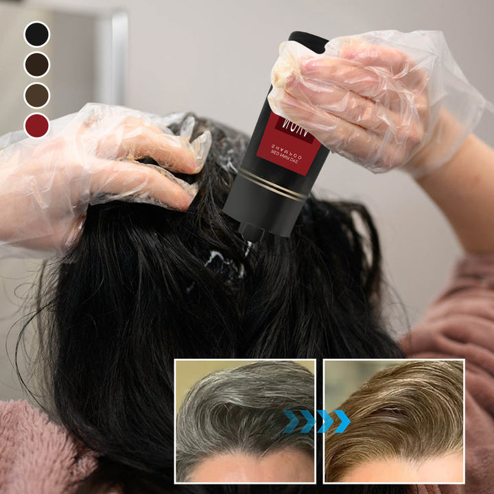 Person applying colour shampoo with gloves showing grey coverage results