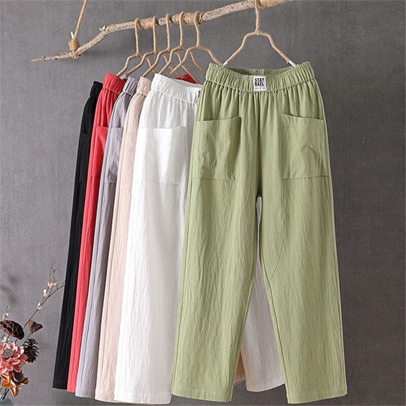 Assorted colors of casual women's trousers displayed together