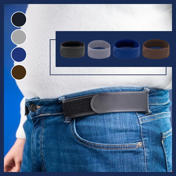 Unisex elastic no buckle belt in black worn with blue jeans