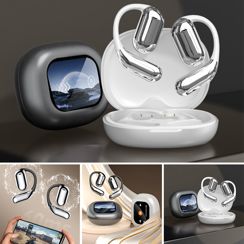 Open ear bluetooth earbuds displayed with charging cases in black and white