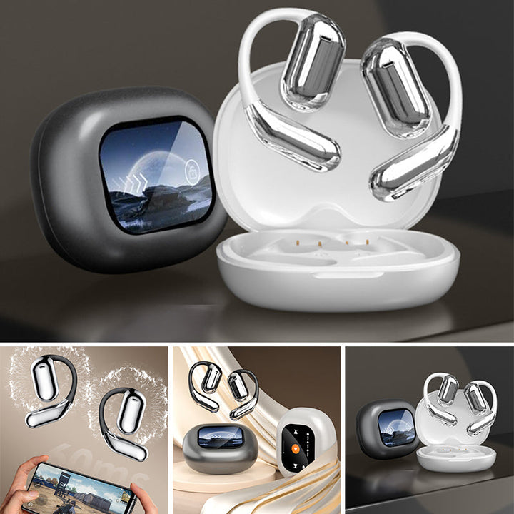 Open ear bluetooth earbuds displayed with charging cases in black and white