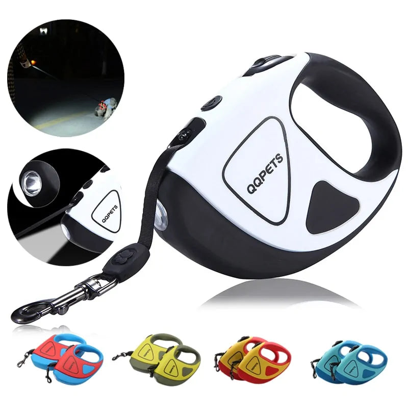 White retractable LED dog leash with active flashlight beam and nighttime usage inset