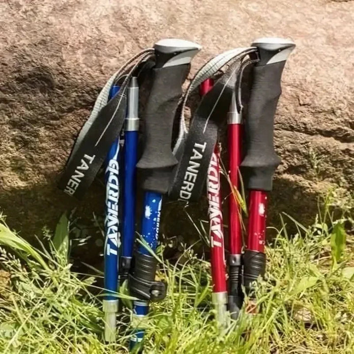 Compact folding design of travel trekking pole shown broken down in carry bag