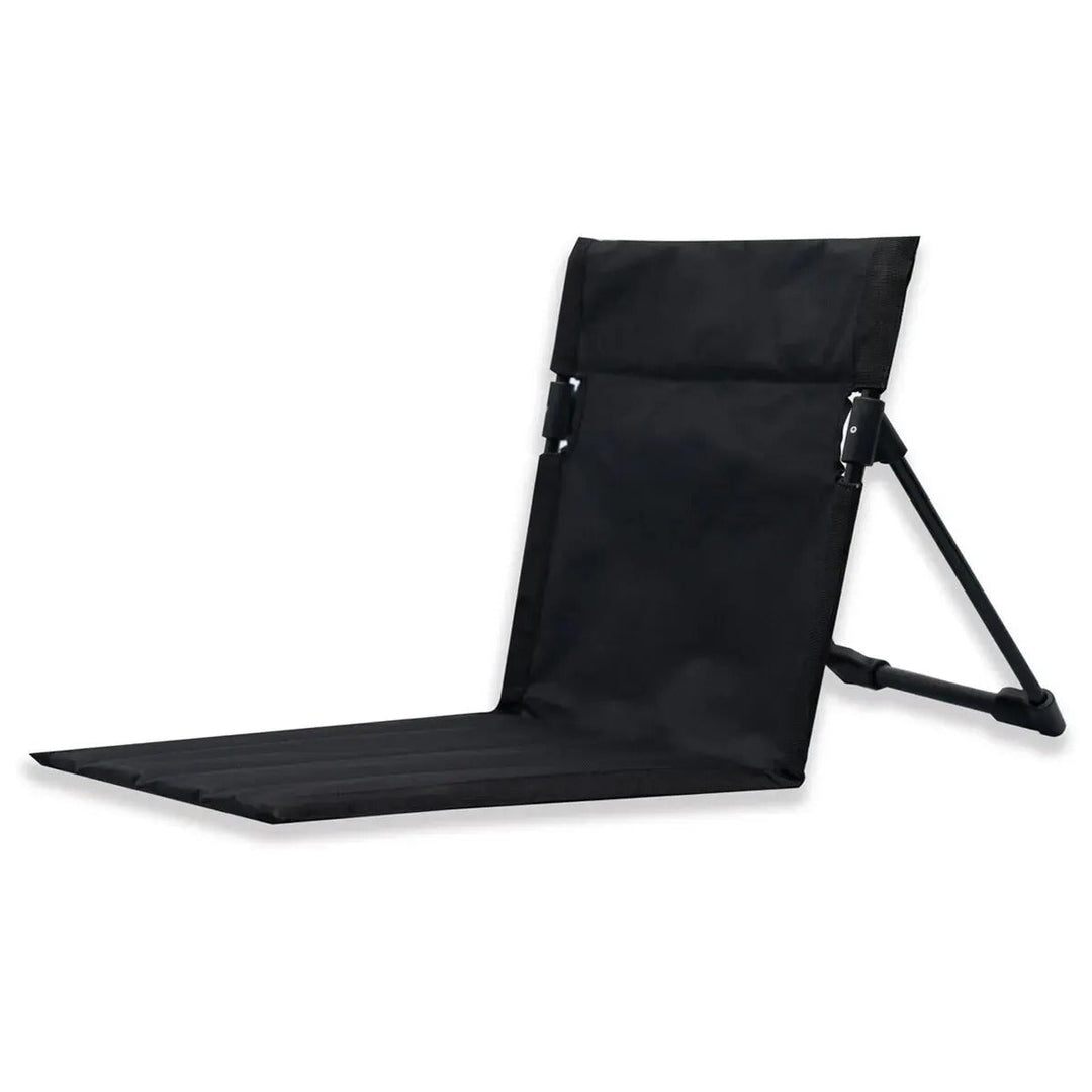 Black portable foldable beach chair displayed on a white background