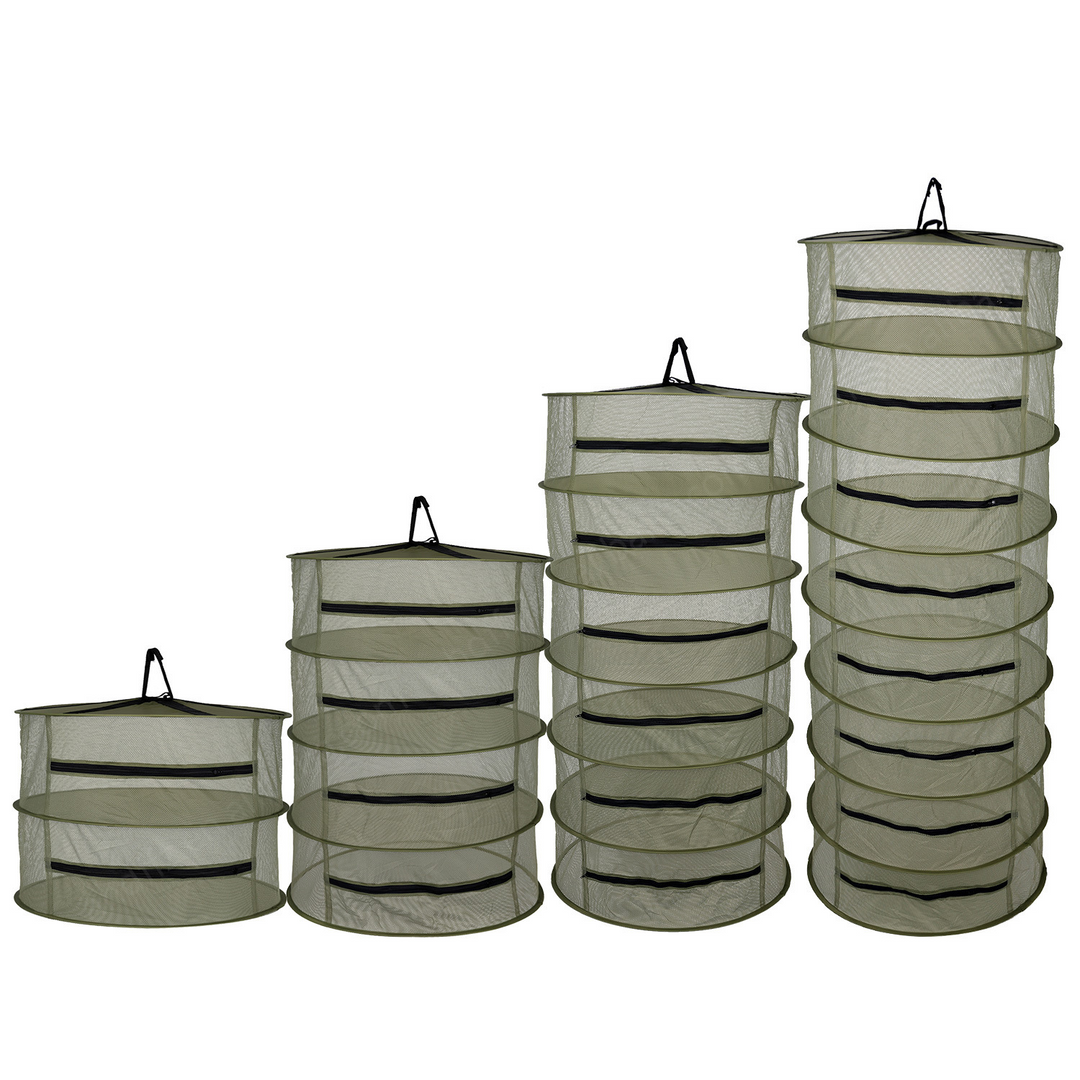 Army green multi-layer mesh hanging drying rack in various tier heights
