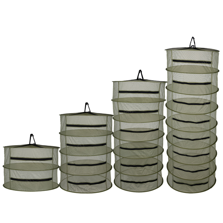 Army green multi-layer mesh hanging drying rack in various tier heights