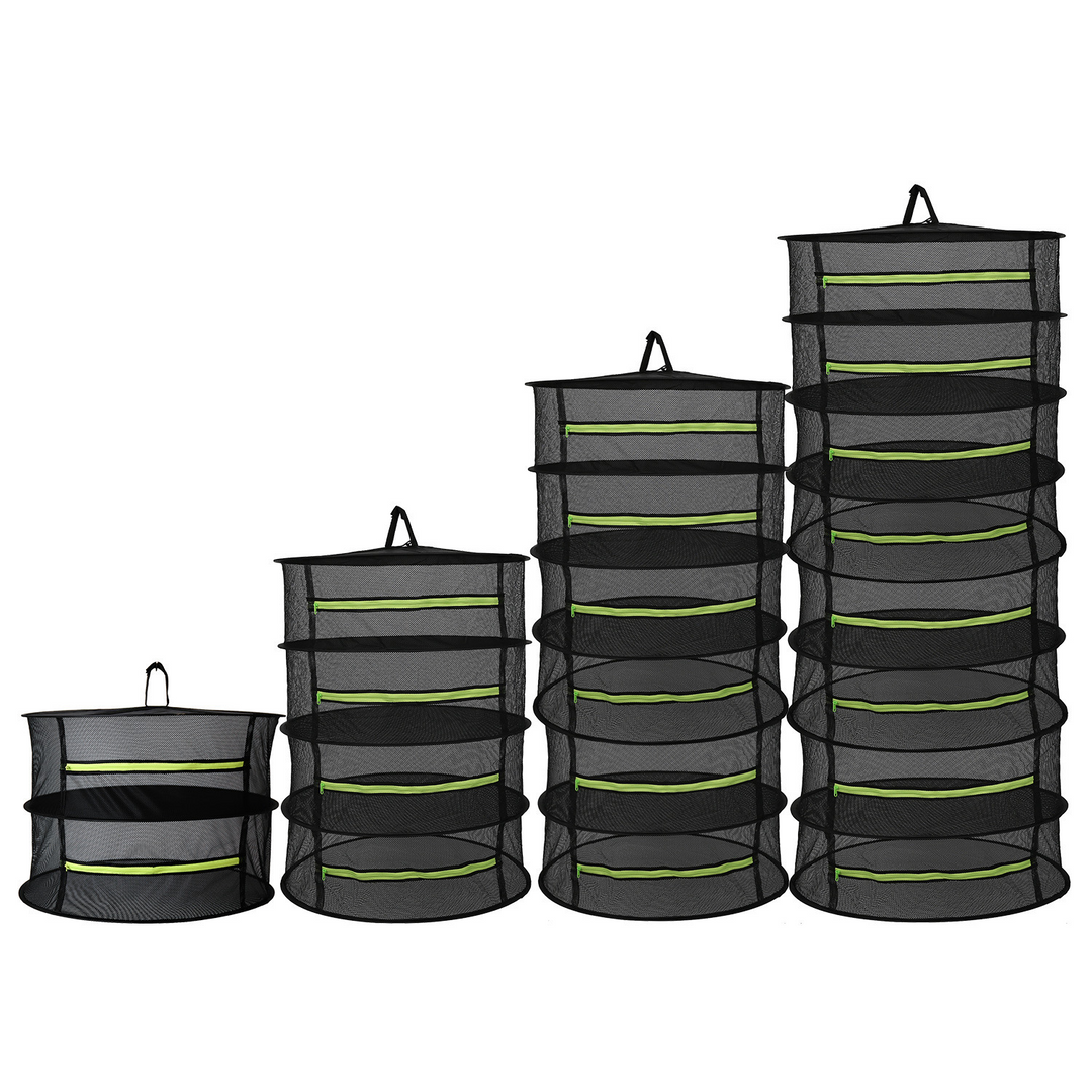 Black mesh drying rack with green zippers shown in multiple layer sizes