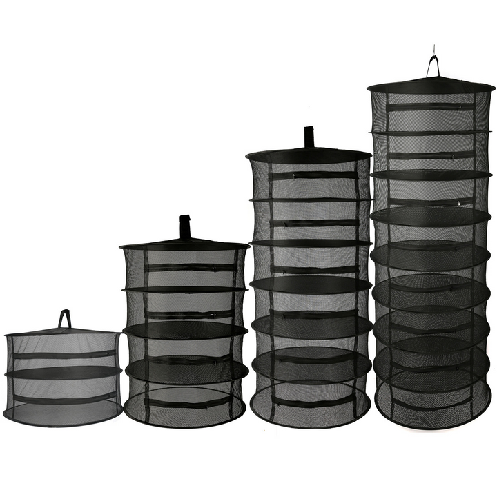 All-black collapsible mesh hanging drying rack displayed in different layer counts