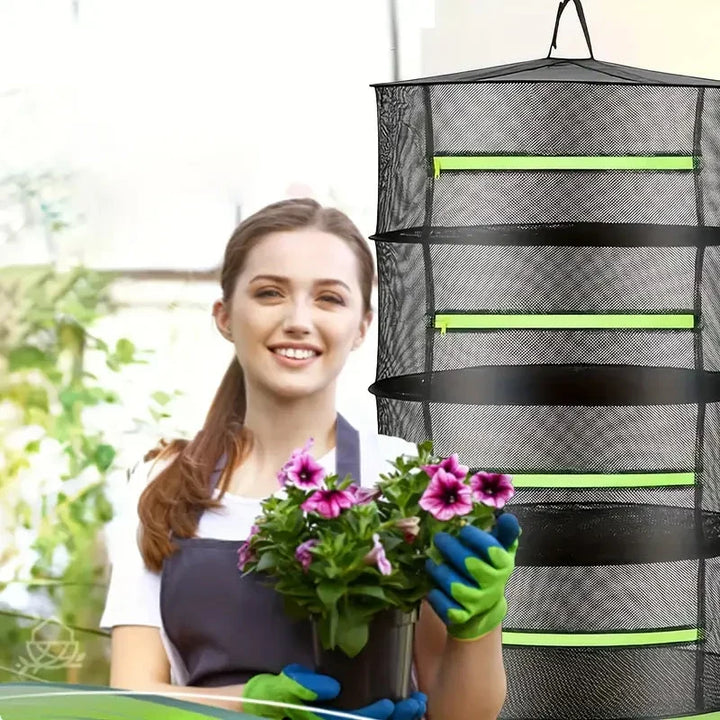 Zippered compartment detail on a collapsible mesh kitchen organizer rack