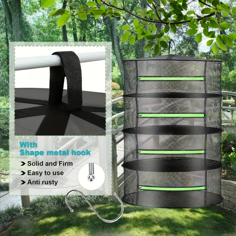 Hanging mesh drying rack fully extended for efficient garden harvest storage