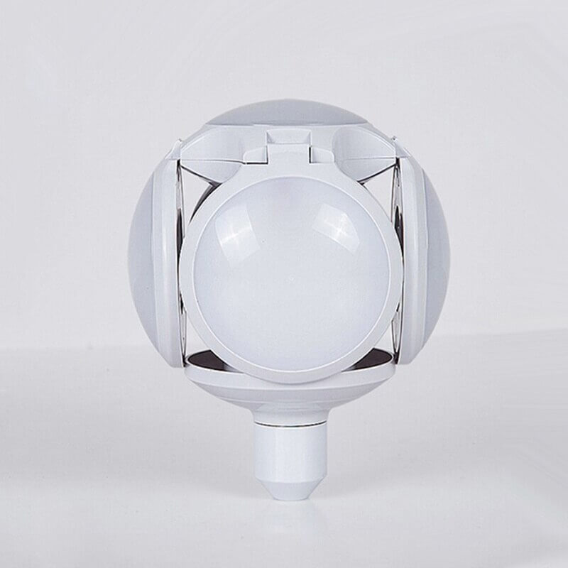Foldable white solar LED camping bulb shown closed and upright