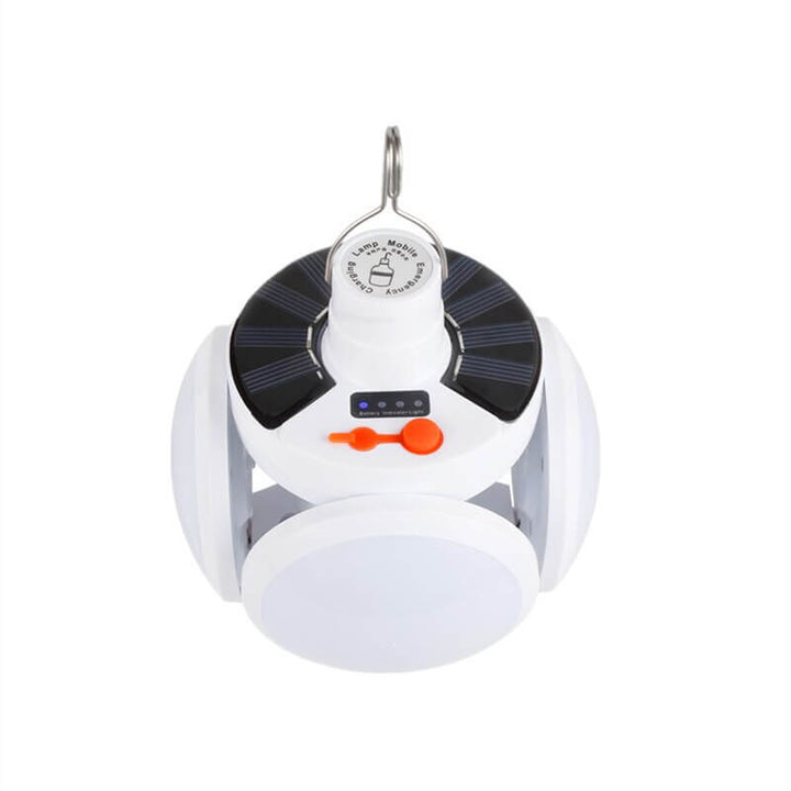 Top view of the solar LED bulb displaying integrated solar panels and hanging hook