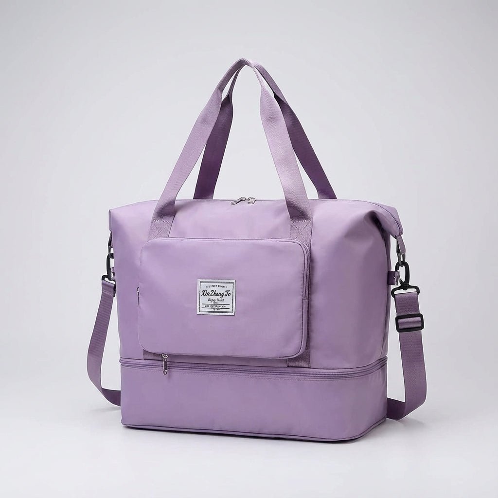 Water-resistant sports and travel bag laid flat, highlighting multiple pockets