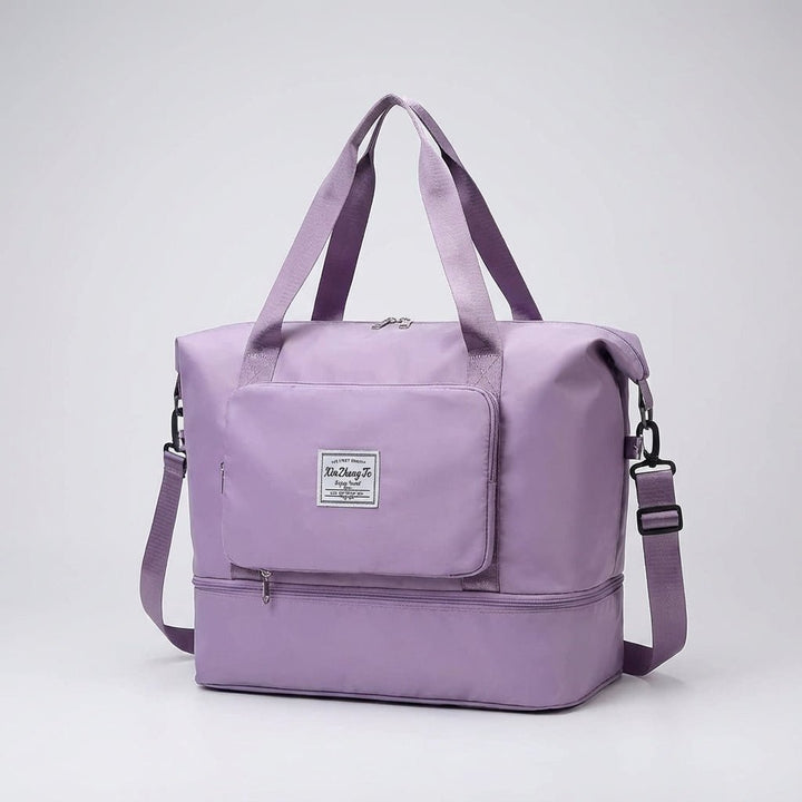 Water-resistant sports and travel bag laid flat, highlighting multiple pockets