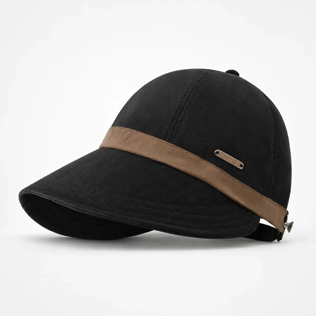 Women's wide-brim sun hat showing UPF protection details for summer beach wear