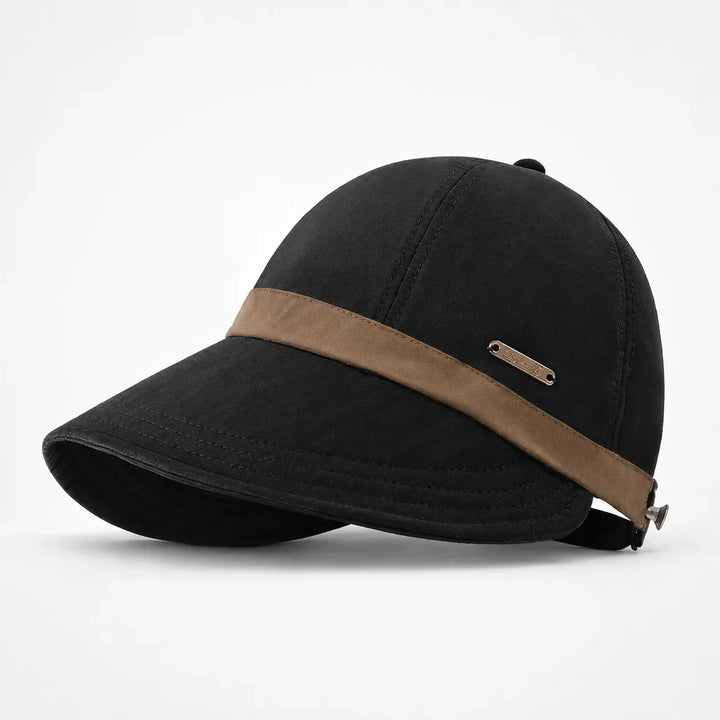 Women's wide-brim sun hat showing UPF protection details for summer beach wear