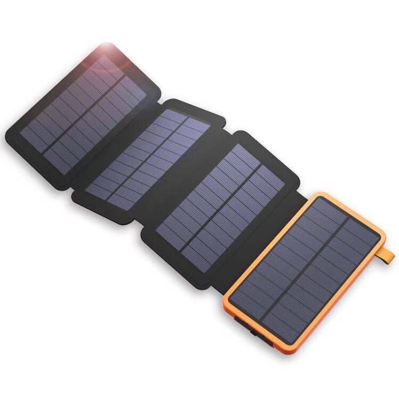 Orange folding waterproof solar power bank fully unfolded showing multiple solar panels