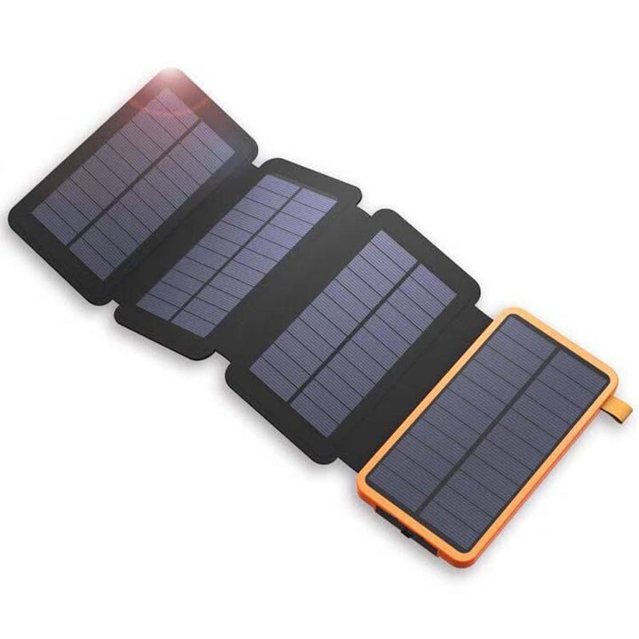 Orange folding waterproof solar power bank fully unfolded showing multiple solar panels