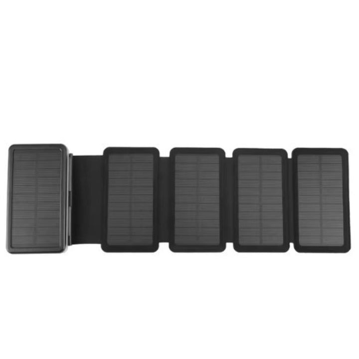 Black folding waterproof solar power bank laid flat with solar panels extended