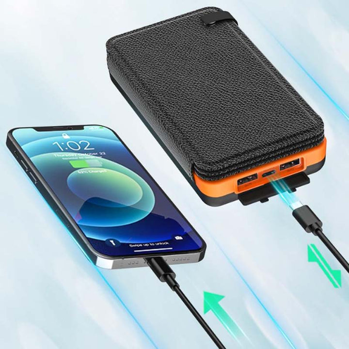 Back view of folding solar power bank with hanging clip for camping