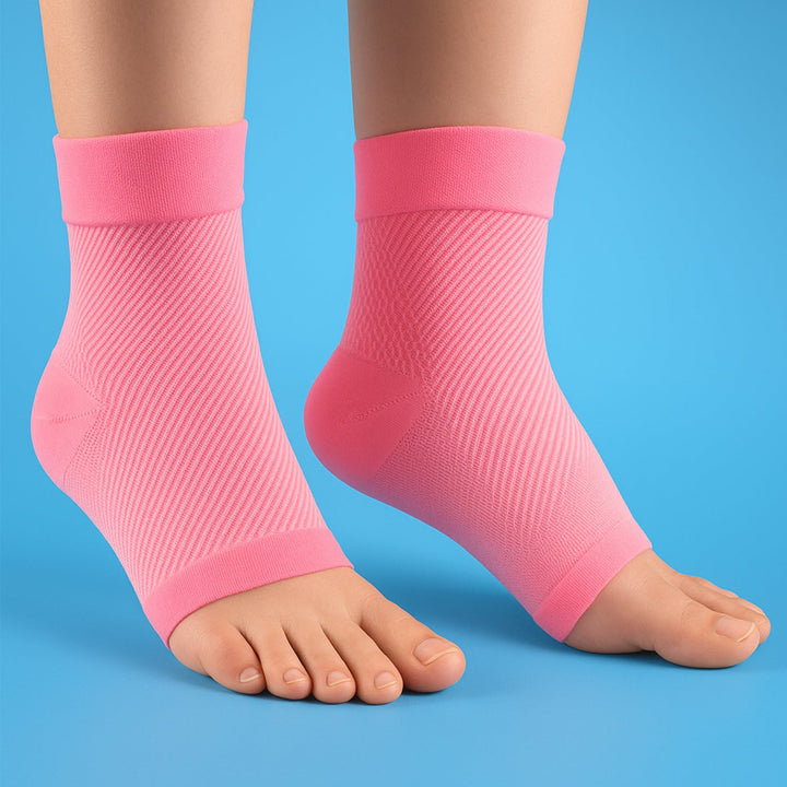 Unisex ankle compression sleeve stretched to show elasticity