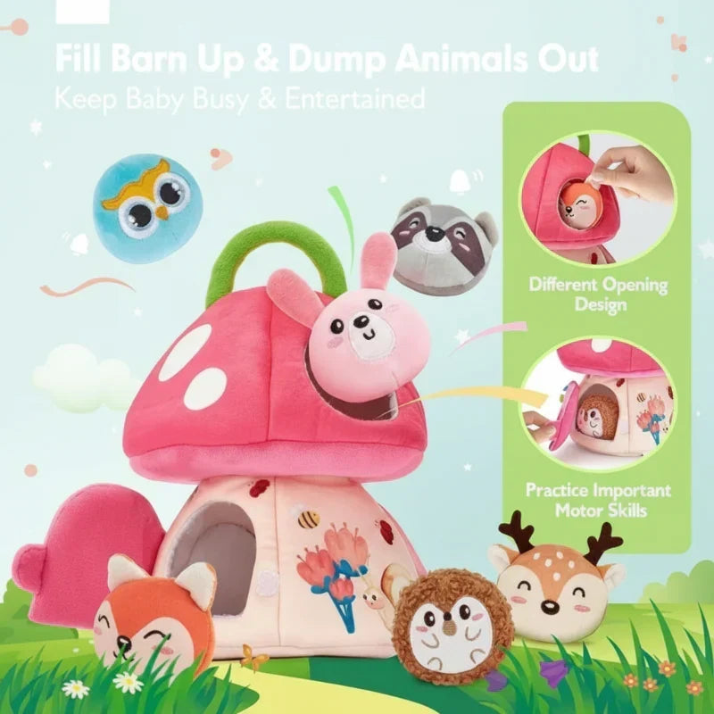 Child holding plush forest sensory toy for stress relief and tactile development