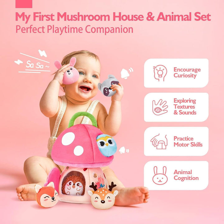 Side view of cute stuffed animal developmental toy made with child-safe materials