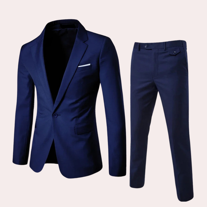 Close up view of the elegant fabric and button details on the mens formal blazer Thomas