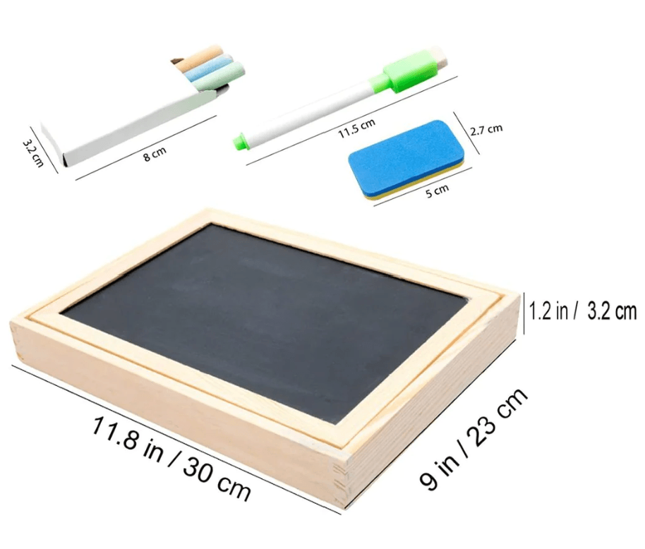 Kids toy double-sided magnetic board displayed with wooden pieces