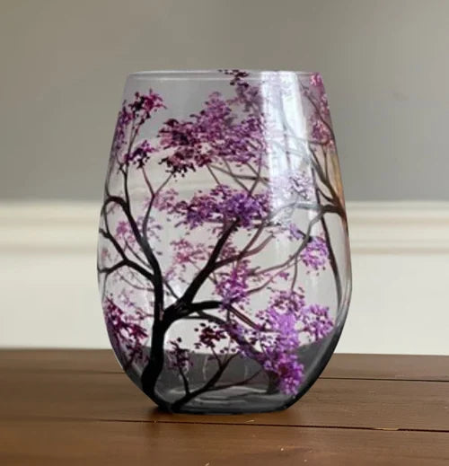 Spring blossoming tree art on a decorative stemless wine glass