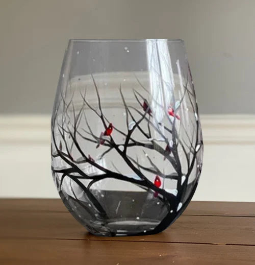 Close-up of summer green tree hand-painted design on artistic drinkware