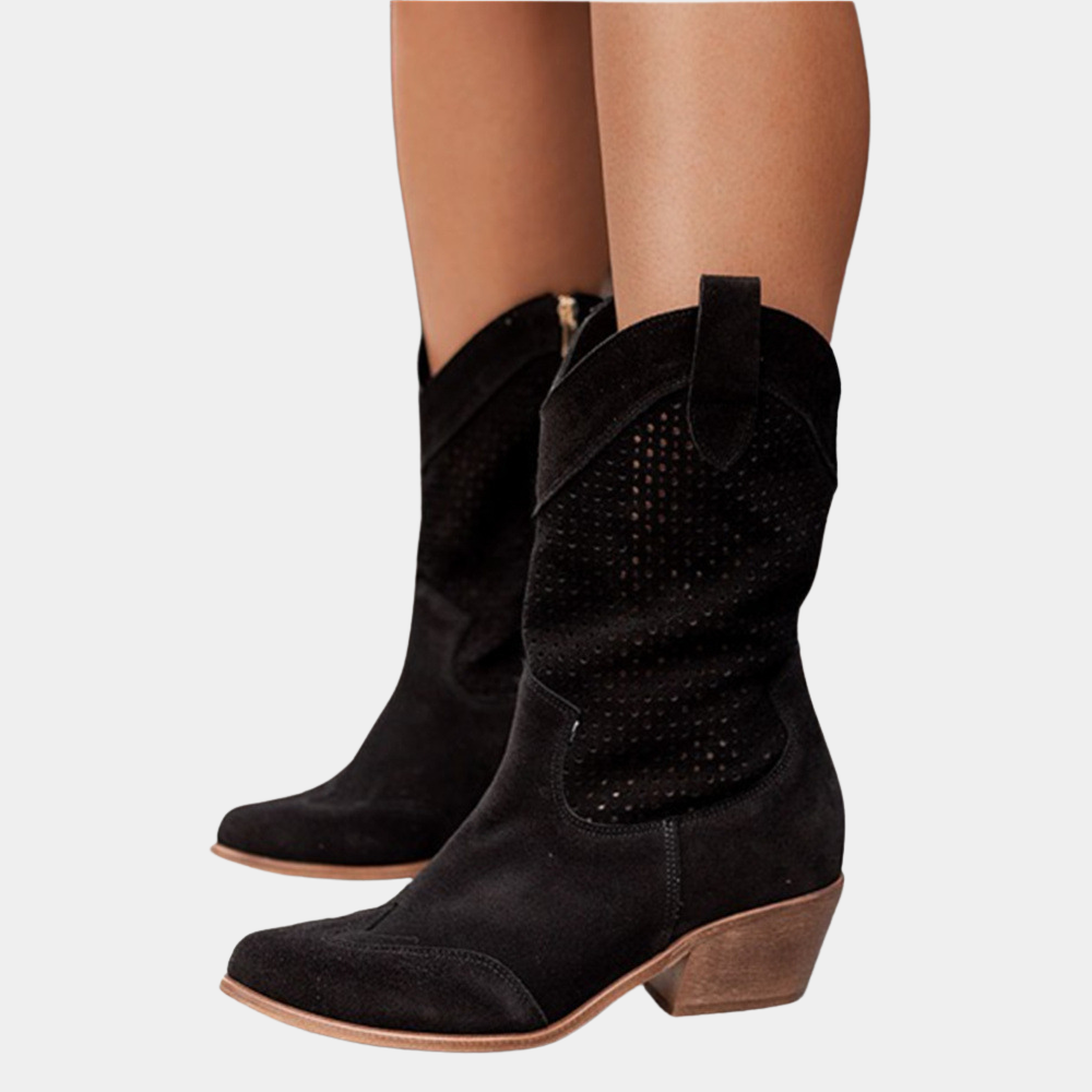Black western ankle boots styled on a model for everyday wear