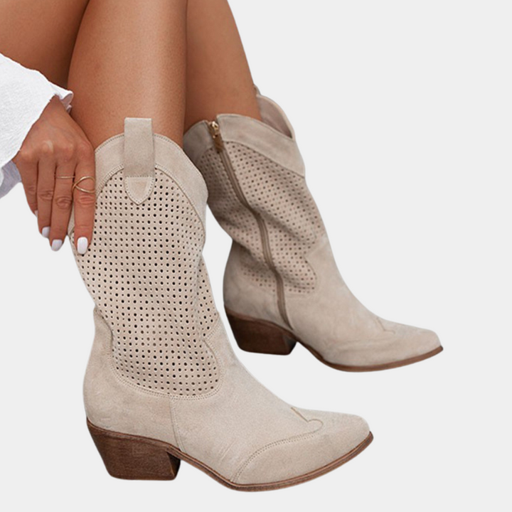 Brown womens western boots with stacked block heel side view