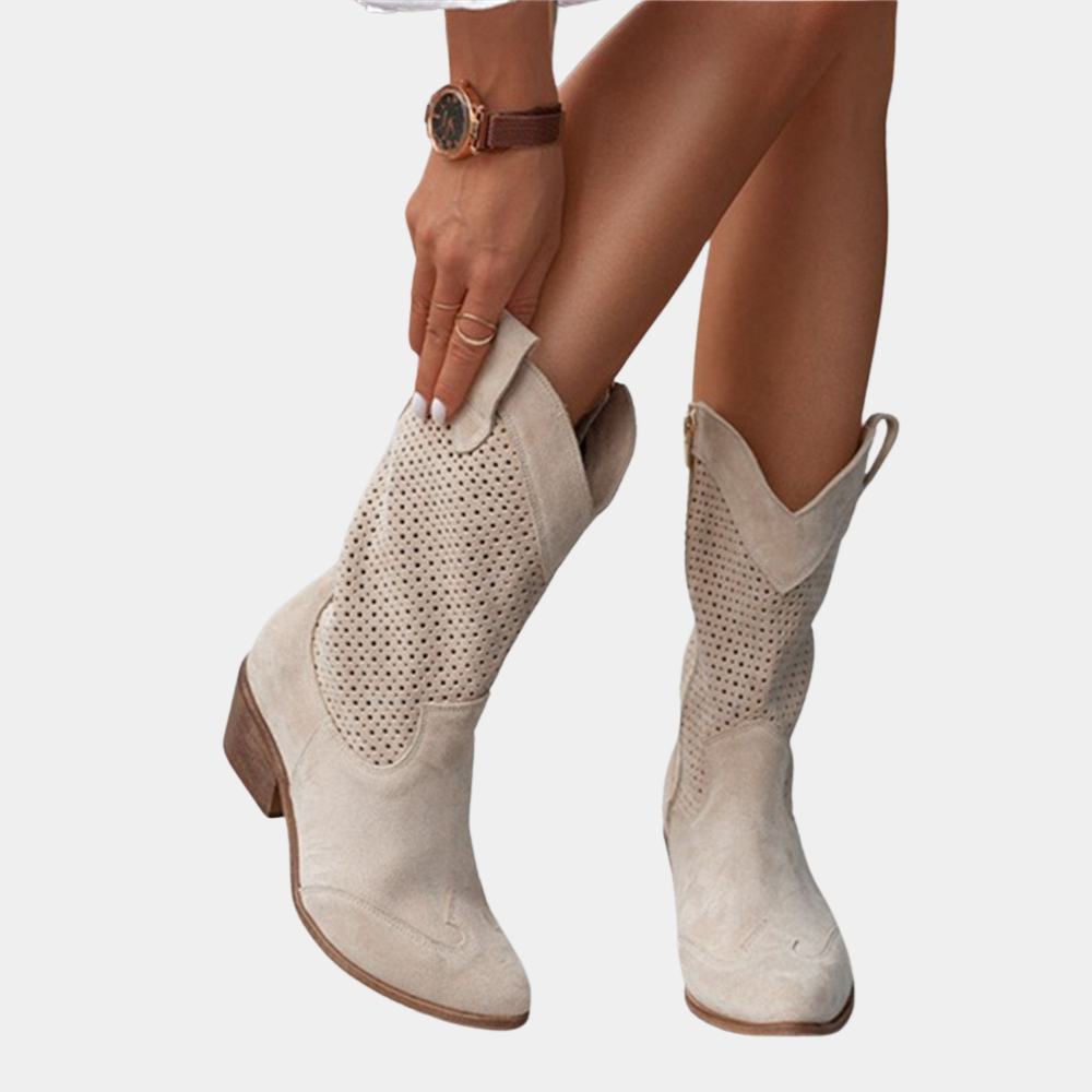 Pointed toe cowgirl booties with decorative stitching details
