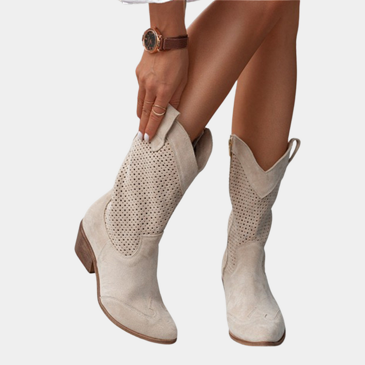 Pointed toe cowgirl booties with decorative stitching details