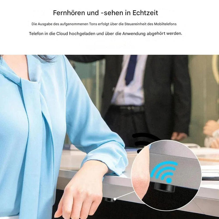 Vehicle tracker and magnetic locator held in a hand to demonstrate its compact size.
