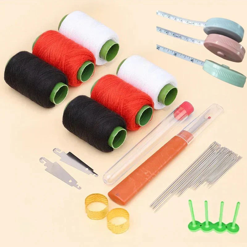 All-in-one travel sewing set case holding complete 37-piece tool assortment