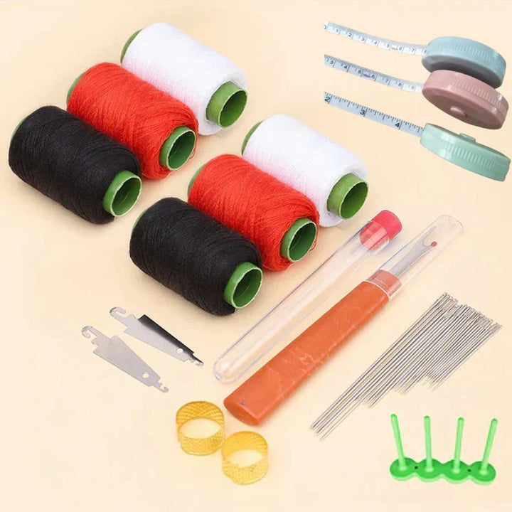 All-in-one travel sewing set case holding complete 37-piece tool assortment