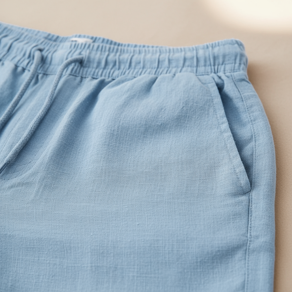 Detailed shot of side pocket on men's relaxed fit summer shorts