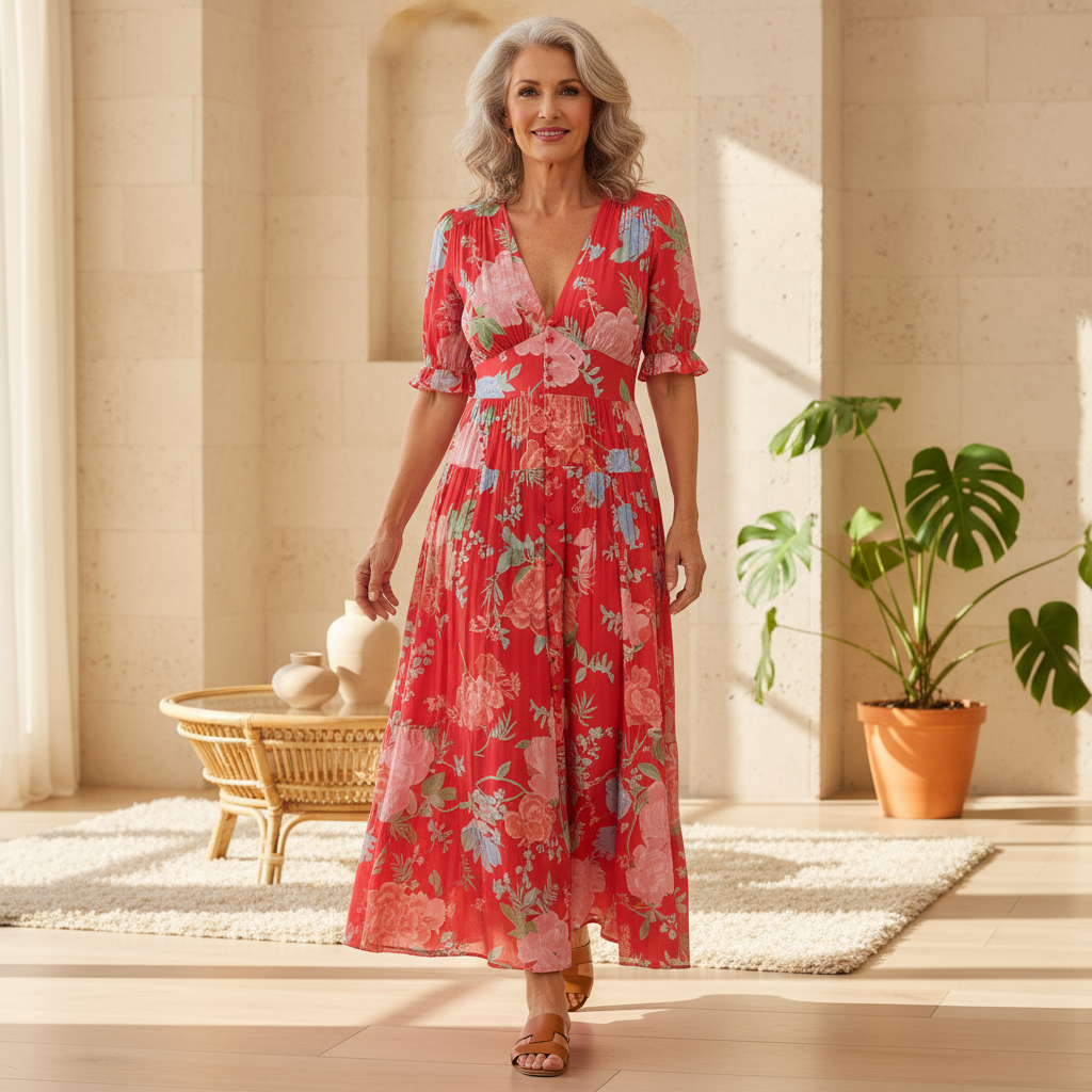 Model wearing a vibrant red floral maxi dress in a sunlit room