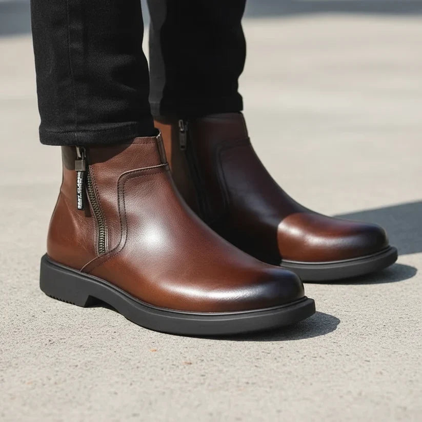 Close-up of the metal side zipper on men's dark brown leather ankle boots.
