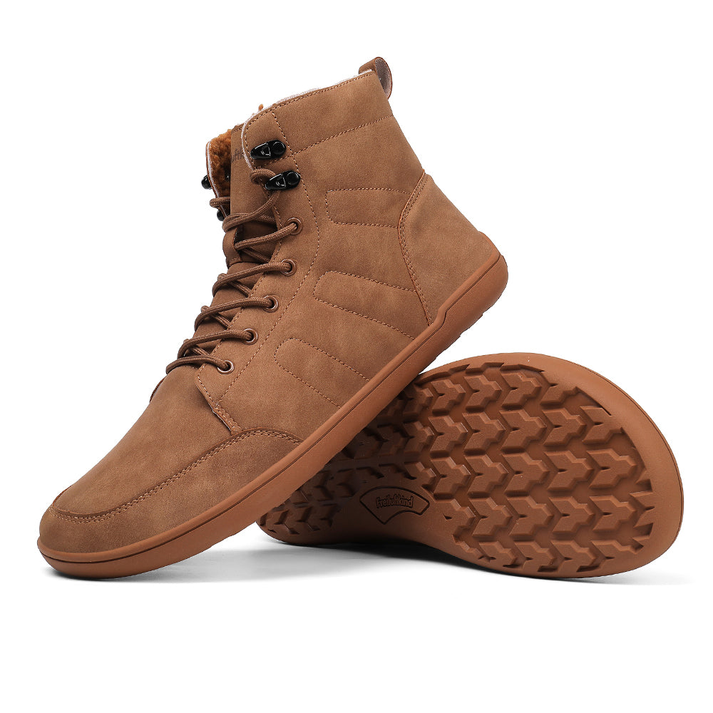 Brown water-resistant barefoot winter boot showing side profile and flexible sole