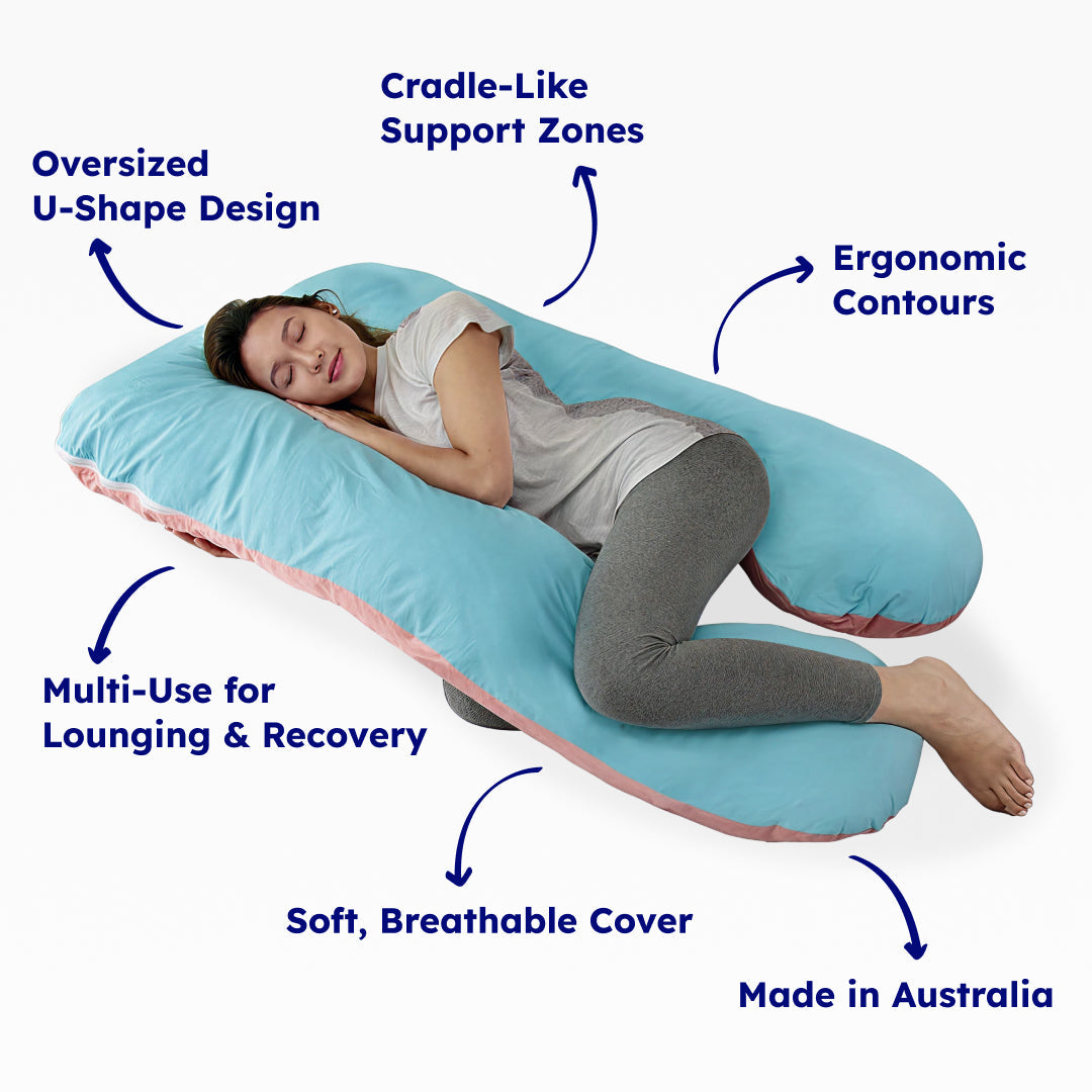 Comfortable grey U-shaped body pillow for back pain relief and side sleeping