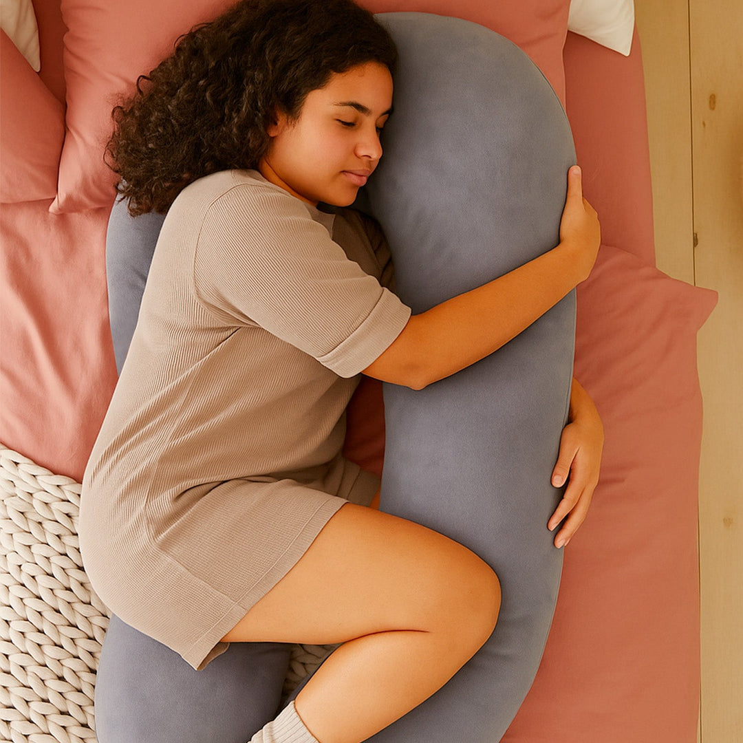 Close-up of soft breathable fabric on the U-shaped pregnancy support pillow