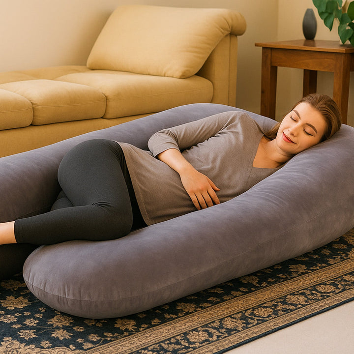 Side view of the full body pillow showing its contour and back support design