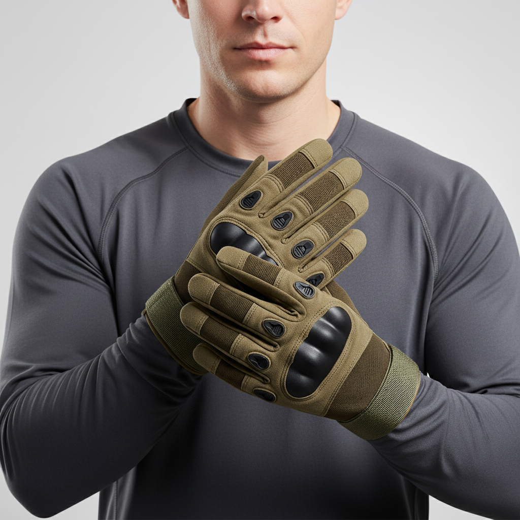 Close-up of a man wearing army green full finger tactical gloves with reinforced knuckles.