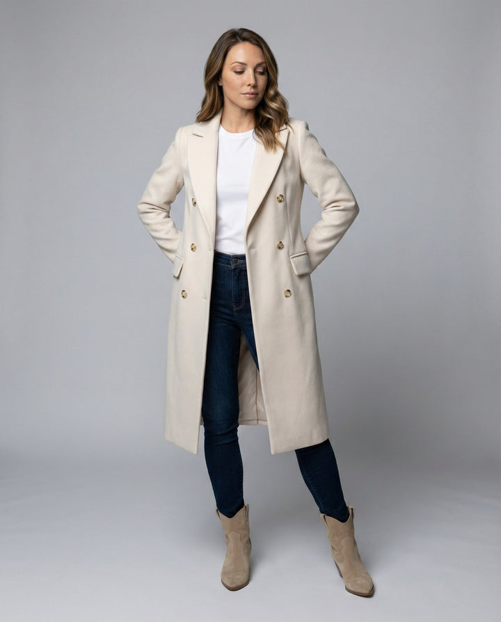 Front view of a woman wearing a stylish double-breasted winter coat in beige