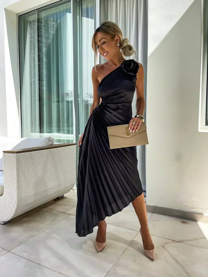 Womens elegant floral dress styled for a summer garden party