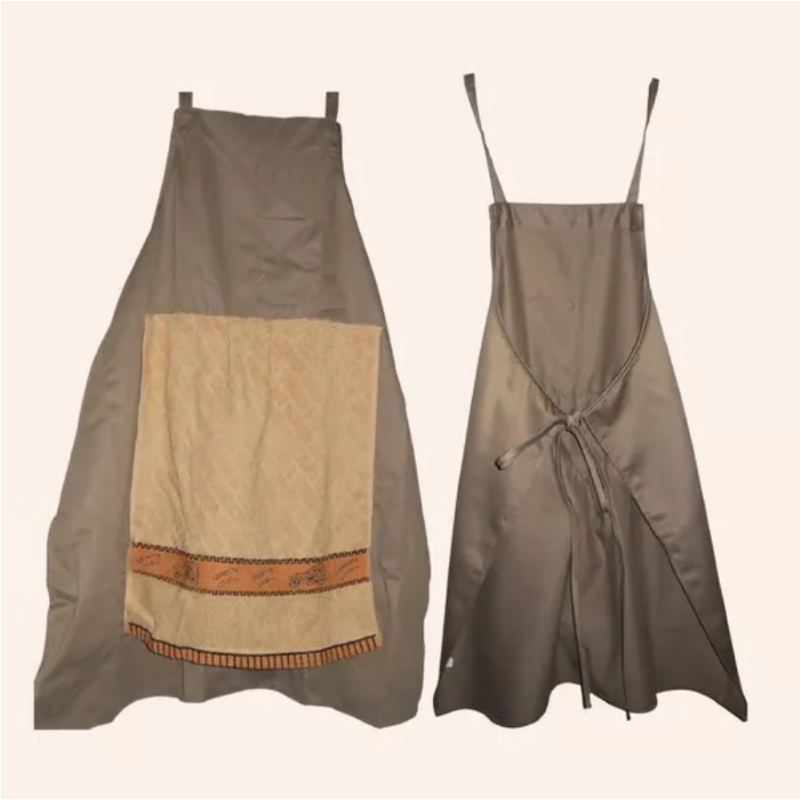 Front and back view of the brown novelty cooking apron with attached pocket towel detail
