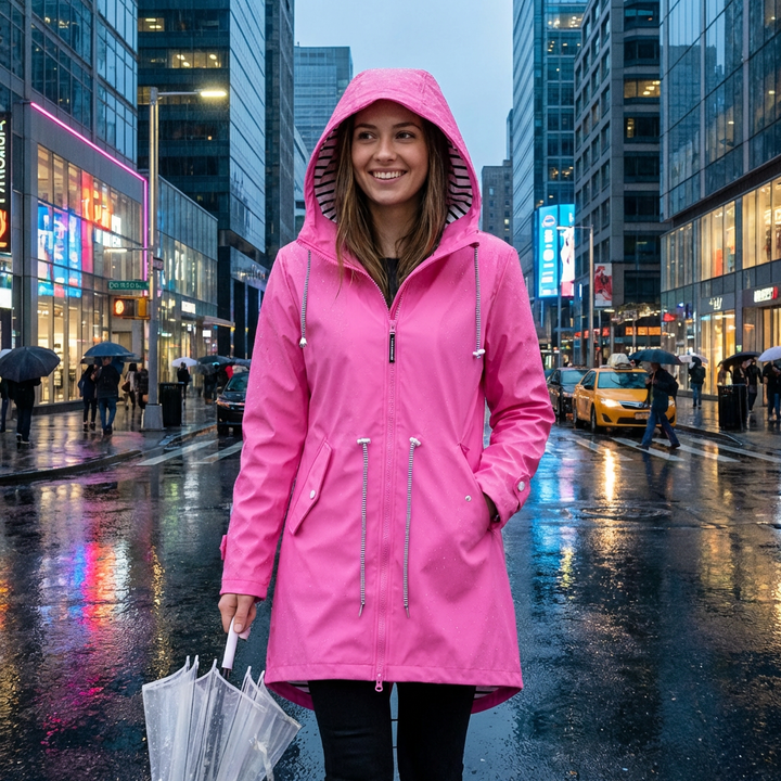 Side profile of womens weatherproof long raincoat showing full coverage